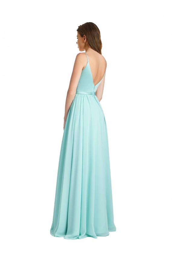 Buy Long V-Neck Chiffon Bridesmaid Dress with Satin Bodice UK