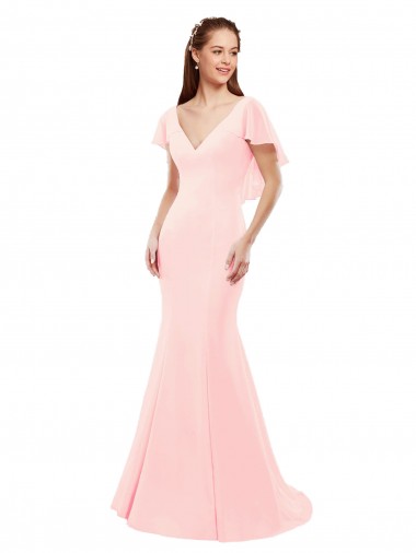 Buy Fit and Flare Chiffon Bridesmaid Dress with V-Neck and Flutter Sleeves UK