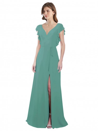 Buy Full Length Chiffon Bridesmaid Dress with Ruffled Cap Sleeves and Side Slit UK