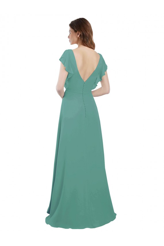 Buy Full Length Chiffon Bridesmaid Dress with Ruffled Cap Sleeves and Side Slit UK