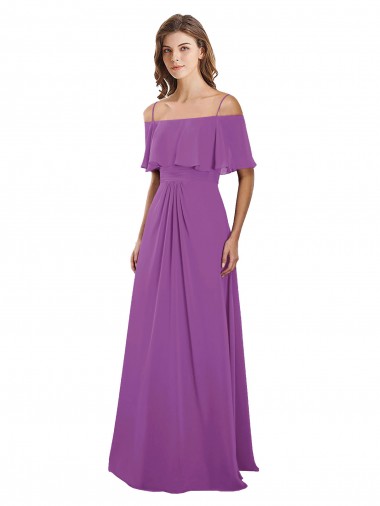 Buy Draped Off The Shoulder Chiffon Bridesmaid Dress with Spaghetti Straps and Ruffled Neckline UK