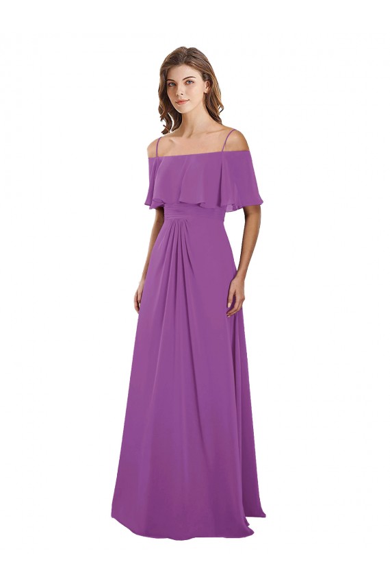 Buy Draped Off The Shoulder Chiffon Bridesmaid Dress with Spaghetti Straps and Ruffled Neckline UK