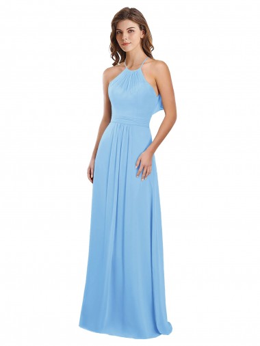 Buy Chiffon A-Line Bridesmaid Dress with Halter Neck and Ruffled Back Straps UK