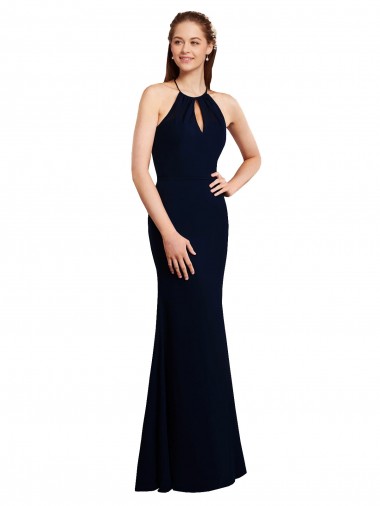 Buy Fluted Long Chiffon Bridesmaid Dress with Halter Neckline and Keyhole UK