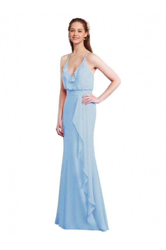 Buy Fluted Long Chiffon Bridesmaid Dress with Cascading Ruffles UK