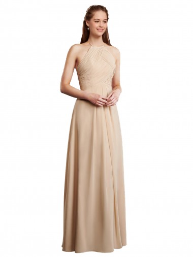 Buy Draped Halter Neck Long Chiffon Bridesmaid Dress with Tie Back UK