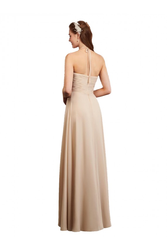 Buy Draped Halter Neck Long Chiffon Bridesmaid Dress with Tie Back UK