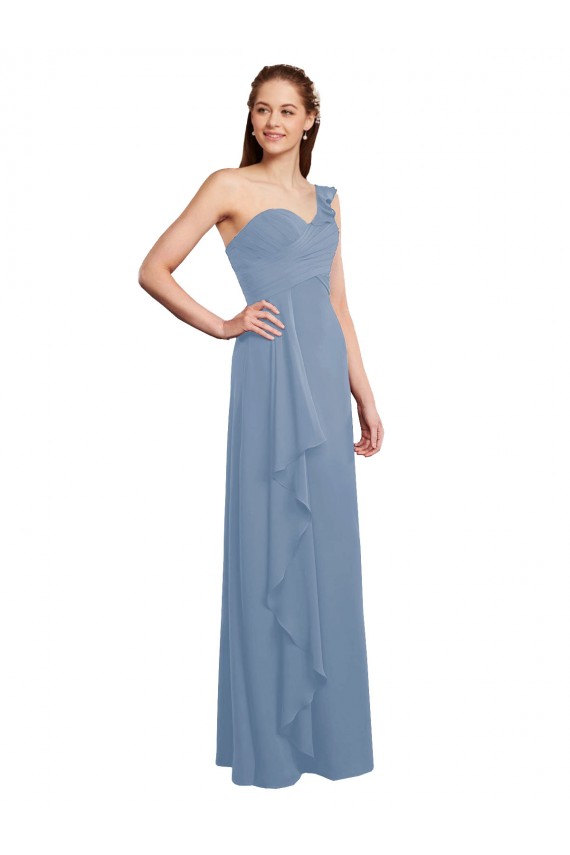 Buy Single Shoulder Strap Long Chiffon Bridesmaid Dress with Cascading Ruffles UK