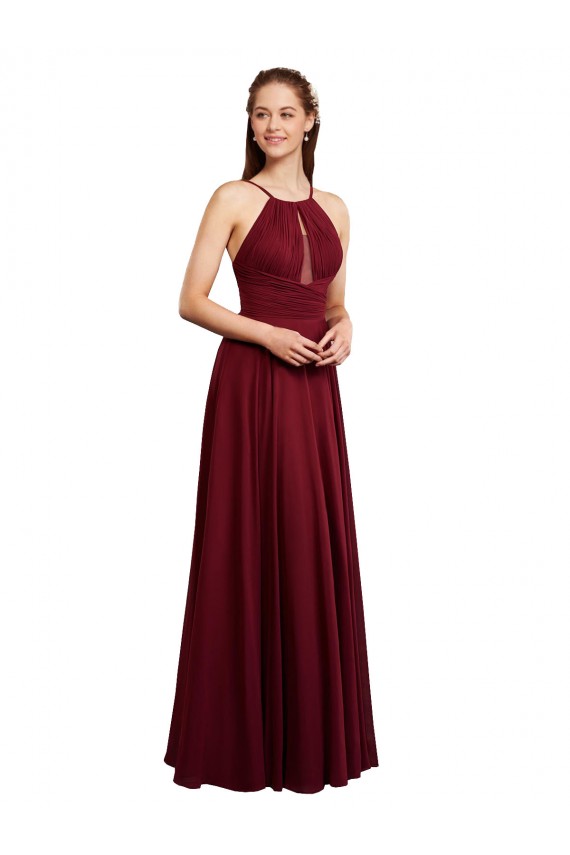 Buy Long A-Line Halter Neck Chiffon Bridesmaid Dress with Draped Bodice UK