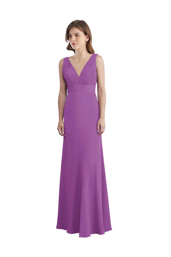 Buy V-Shaped Neckline Long Chiffon Bridesmaid Dress with Cascading Ruffles Back UK