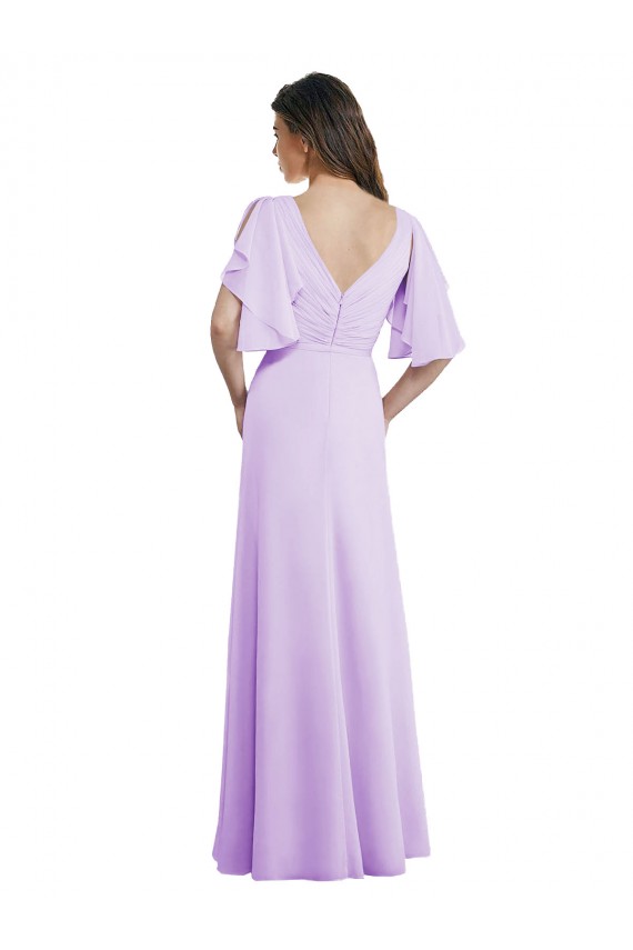 Buy A-Line Draped Chiffon Bridesmaid Dress with V-Neck and Split Sleeves UK