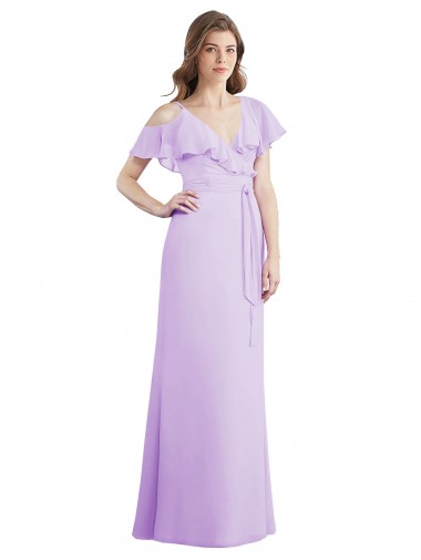 Buy Ruffled Neckline Cold Shoulder Long Chiffon Bridesmaid Dress UK
