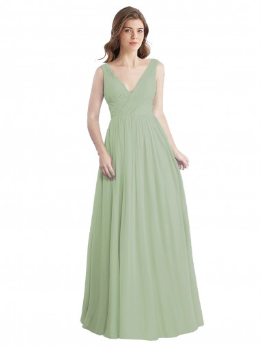 Buy V-Neck A-Line Long Chiffon Bridesmaid Dress with Draped Bodice UK
