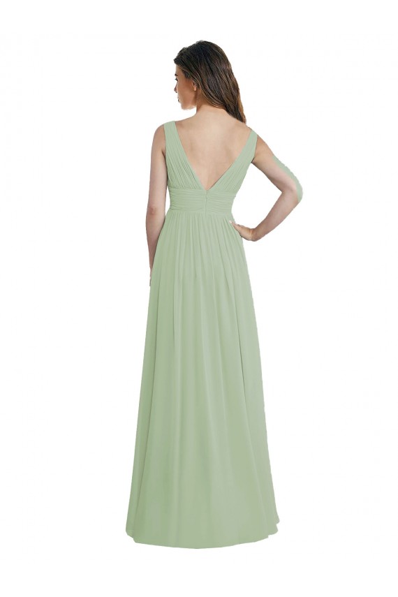 Buy V-Neck A-Line Long Chiffon Bridesmaid Dress with Draped Bodice UK