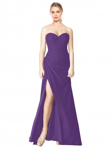 Buy Strapless Chiffon Bridesmaid Dress with Pleated Wrap Bodice and Side Slit UK