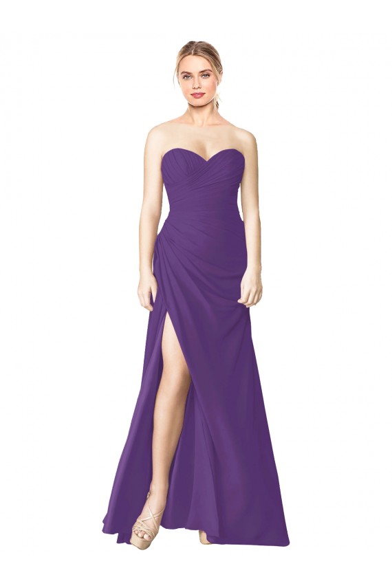 Buy Strapless Chiffon Bridesmaid Dress with Pleated Wrap Bodice and Side Slit UK