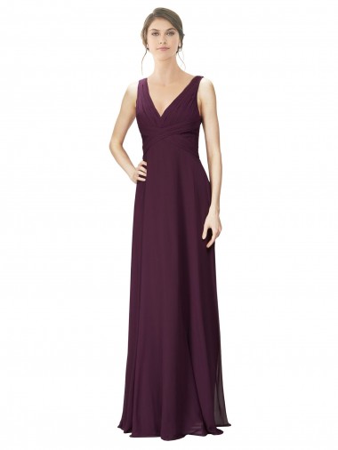 Buy Long Chiffon Bridesmaid Dress with Ruched Criss Cross V-Neck Bodice UK