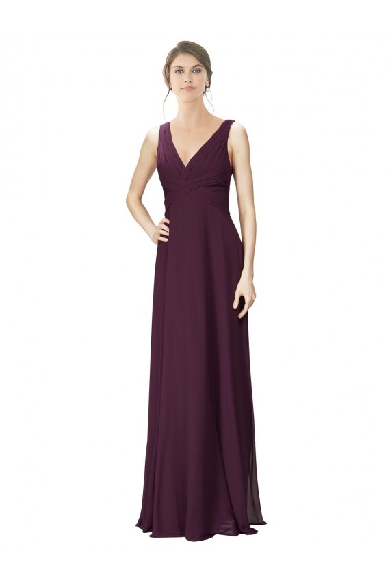 Buy Long Chiffon Bridesmaid Dress with Ruched Criss Cross V-Neck Bodice UK