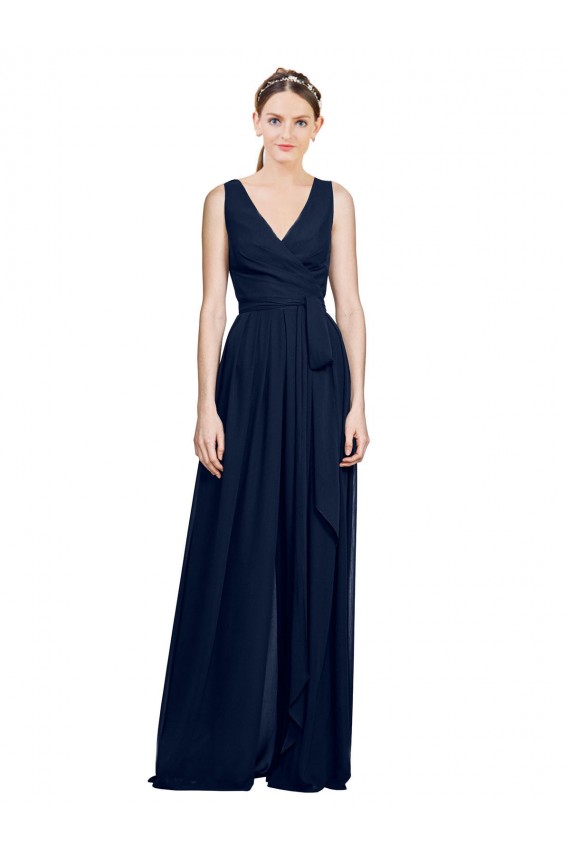 Buy V-Neck Ruched Chiffon Bridesmaid Dress with Waistband UK