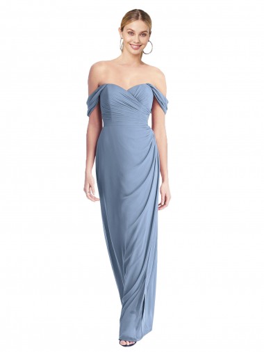 Buy Full Length Draped Off the Shoulder Maxi Bridesmaid Dress with Shirred Streamer UK
