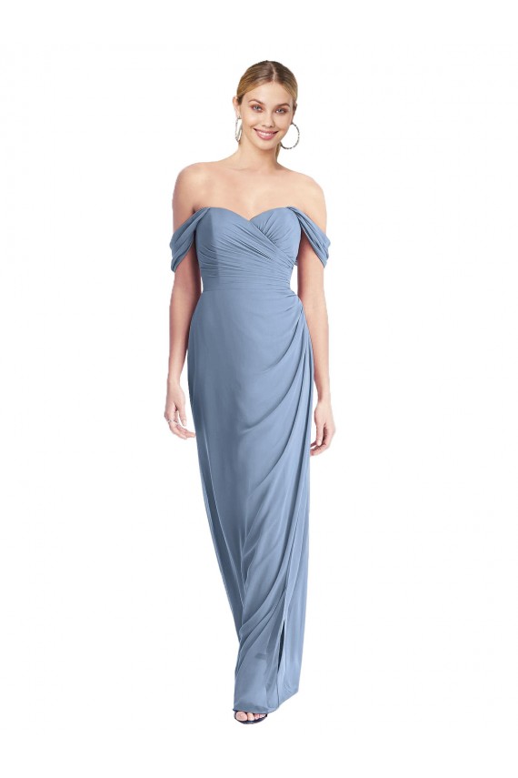 Buy Full Length Draped Off the Shoulder Maxi Bridesmaid Dress with Shirred Streamer UK