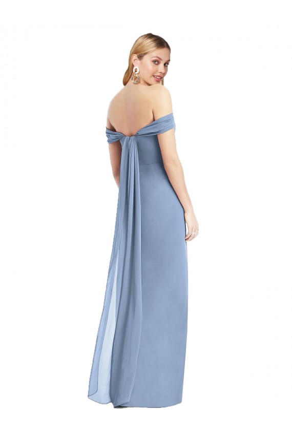 Buy Full Length Draped Off the Shoulder Maxi Bridesmaid Dress with Shirred Streamer UK