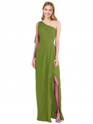 Buy One Shoulder Chiffon Bridesmaid Dress with Draped Front Slit UK