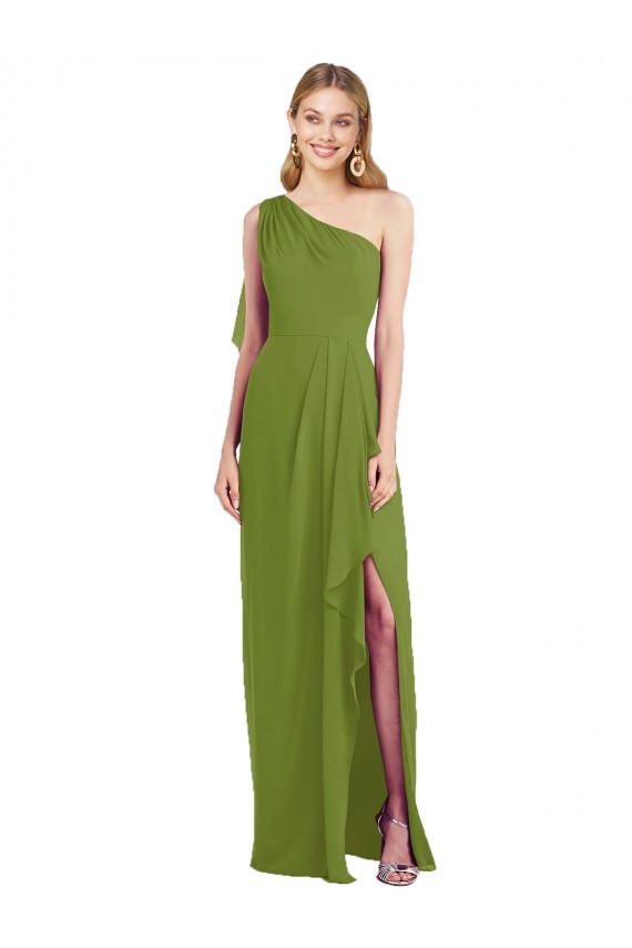 Buy One Shoulder Chiffon Bridesmaid Dress with Draped Front Slit UK