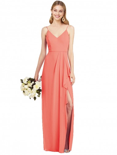 Buy Spaghetti Strap Draped Skirt Chiffon Bridesmaid Dress with Front Slit UK