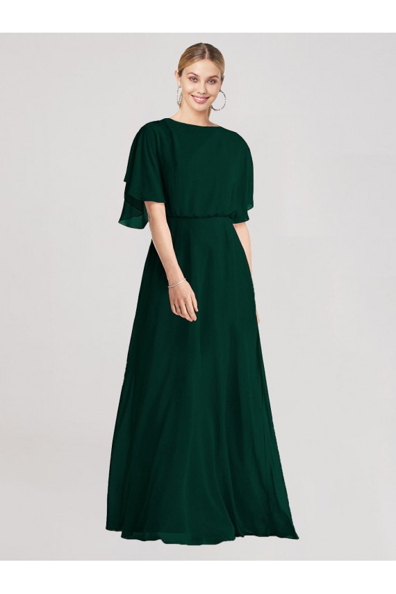 Buy Full-Length Flutter Sleeves Plunging V Back Chiffon Bridesmaid Dress UK