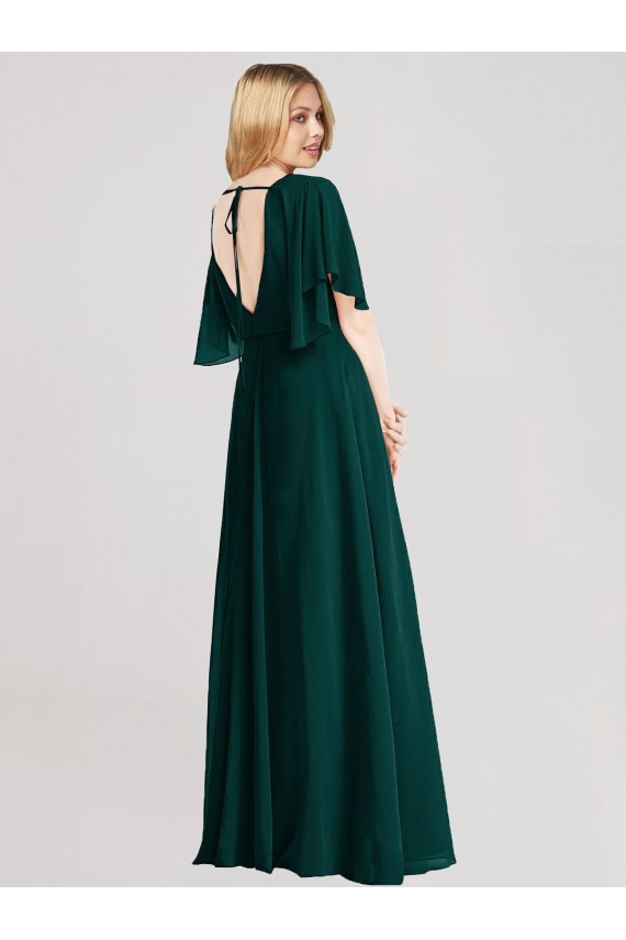 Buy Full-Length Flutter Sleeves Plunging V Back Chiffon Bridesmaid Dress UK