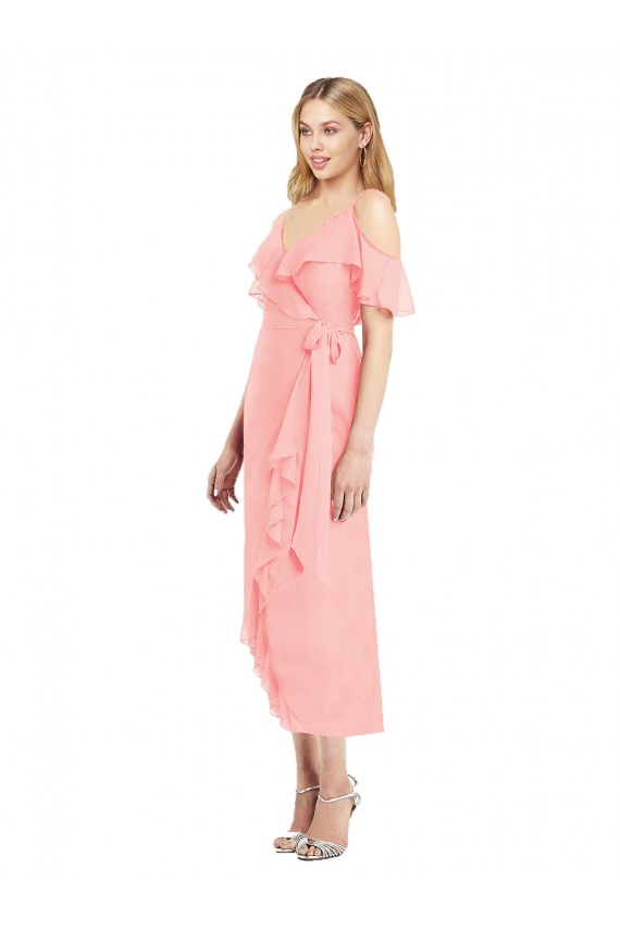 Buy Cocktail Wrap Chiffon Bridesmaid Dress with Fluttering Ruffles UK