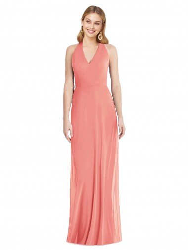 Buy V-Neck Halter Chiffon Maxi Formal Bridesmaid Dress Open Back UK