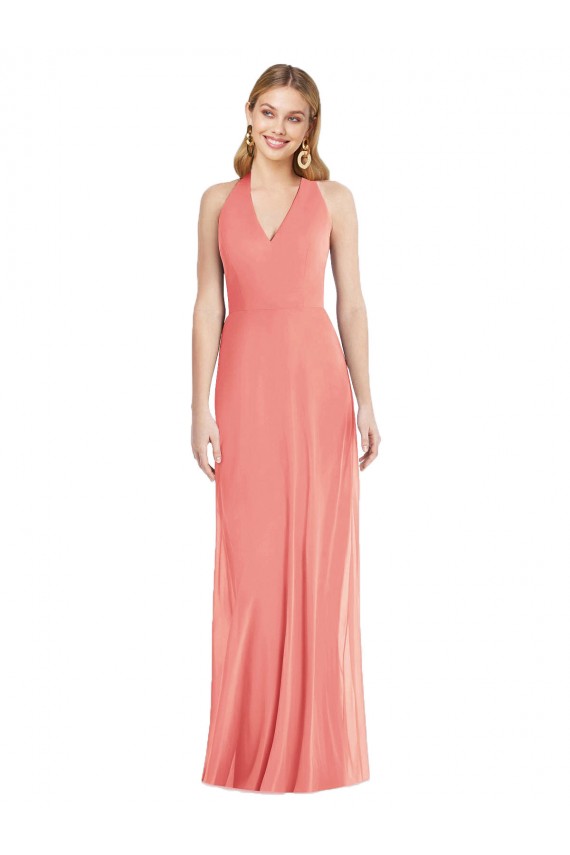 Buy V-Neck Halter Chiffon Maxi Formal Bridesmaid Dress Open Back UK