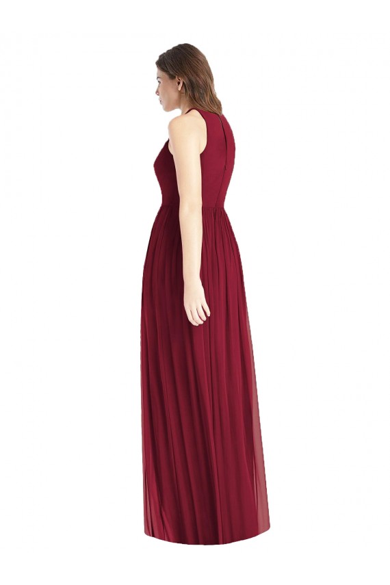 Buy Shirred Skirt Jewel Neck Halter Chiffon Bridesmaid Dress with Front Slit UK