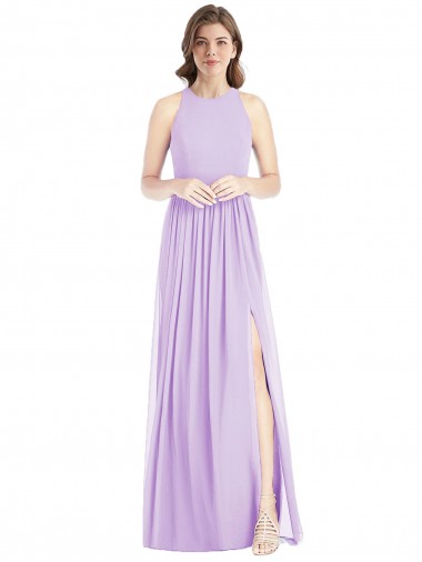 Buy Shirred Skirt Jewel Neck Halter Chiffon Bridesmaid Dress with Front Slit UK
