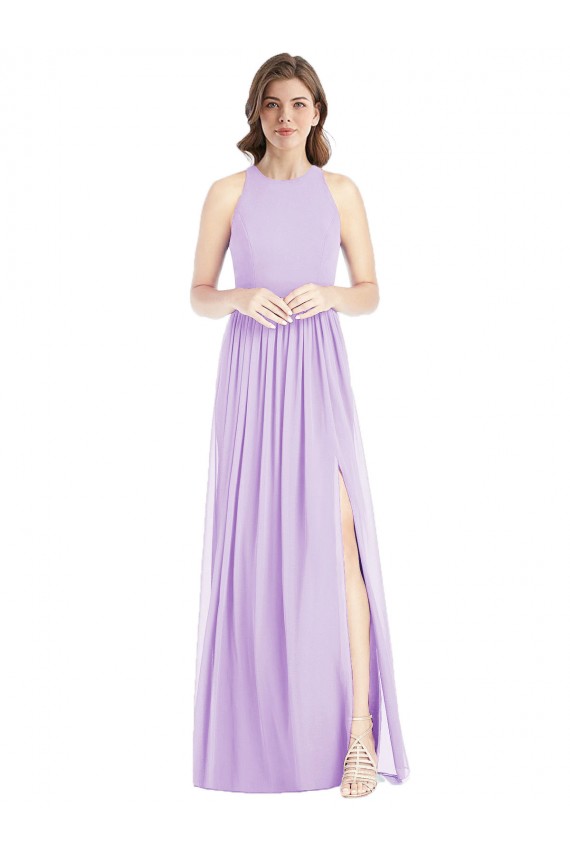 Buy Shirred Skirt Jewel Neck Halter Chiffon Bridesmaid Dress with Front Slit UK