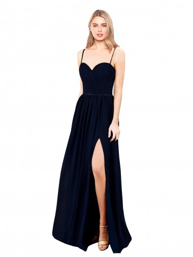 Buy Draped A-Line Chiffon Formal Bridesmaid Dress with Spaghetti Straps and High Slit UK