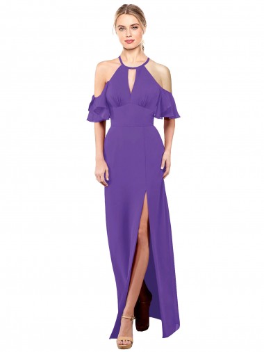 Buy Slim A-Line Chiffon Bridesmaid Dress with Off The Shoulder Ruffle Sleeves UK