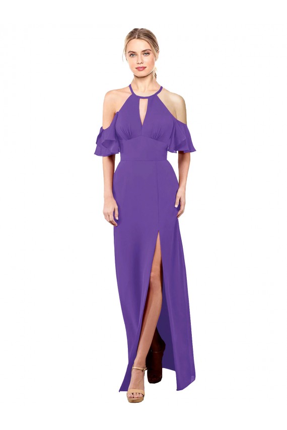 Buy Slim A-Line Chiffon Bridesmaid Dress with Off The Shoulder Ruffle Sleeves UK