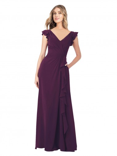 Buy Ruffle Cap Sleeves Long Chiffon Bridesmaid Dress UK