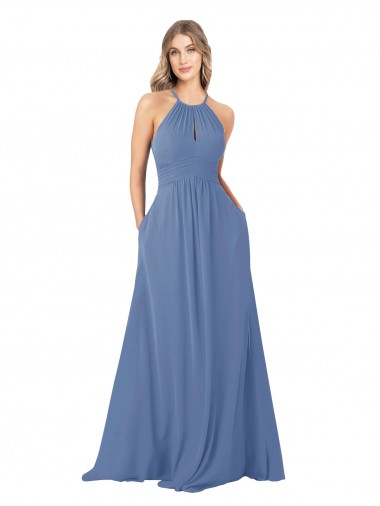 Buy Draped High Neck Keyhole Back Bridesmaid Dress with Front Slit UK