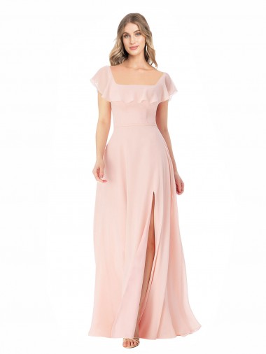 Buy Flutter Cap Sleeves Square Neck Ruffle Chiffon Bridesmaid Dress UK