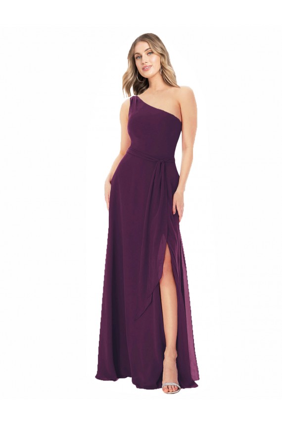 Buy One Shoulder Chiffon Bridesmaid Dress with Tie Belt UK