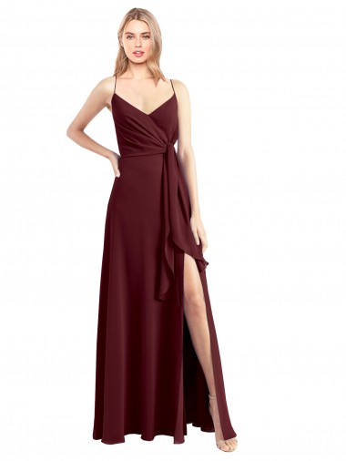 Buy Spaghetti Straps V-Neck Long Chiffon Bridesmaid Dress with Side Slit UK