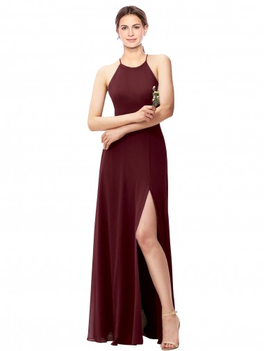 Buy Slim Long High Halter Neck Chiffon Bridesmaid Dress with High Side Slit UK