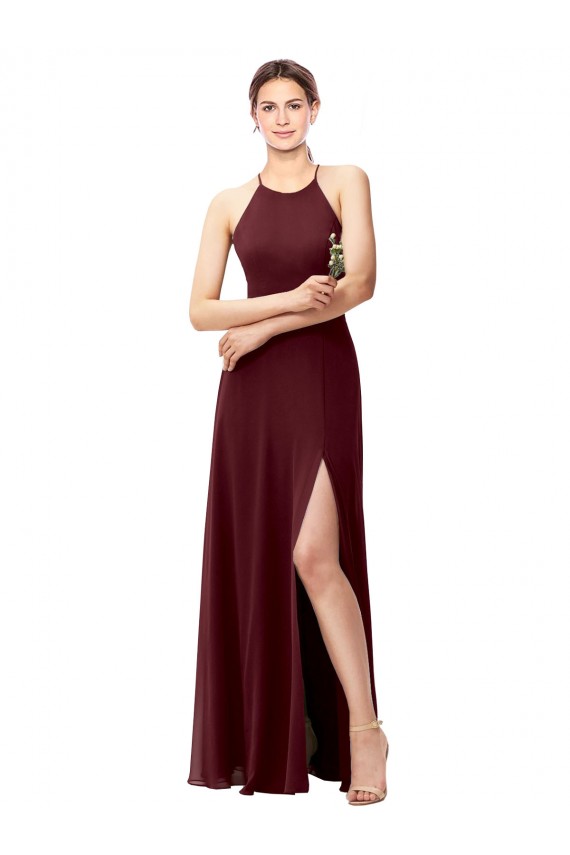 Buy Slim Long High Halter Neck Chiffon Bridesmaid Dress with High Side Slit UK