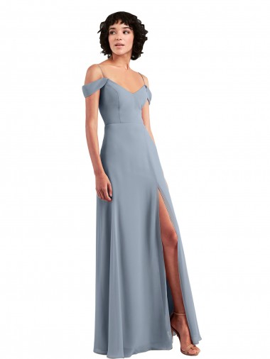 Buy Off the Shoulder Folded Sleeve Long Chiffon Bridesmaid Dress with High Side Slit UK