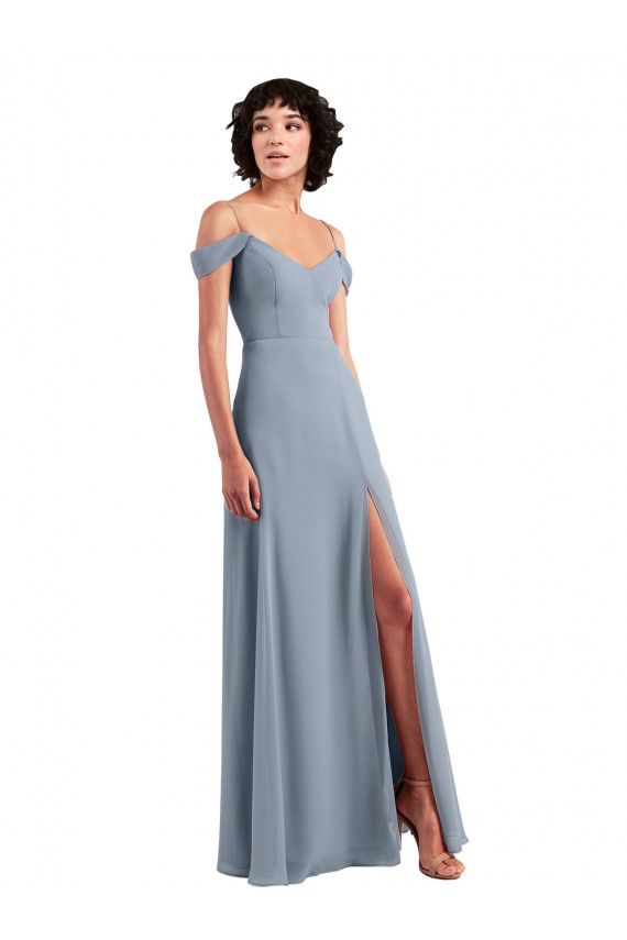 Buy Off the Shoulder Folded Sleeve Long Chiffon Bridesmaid Dress with High Side Slit UK