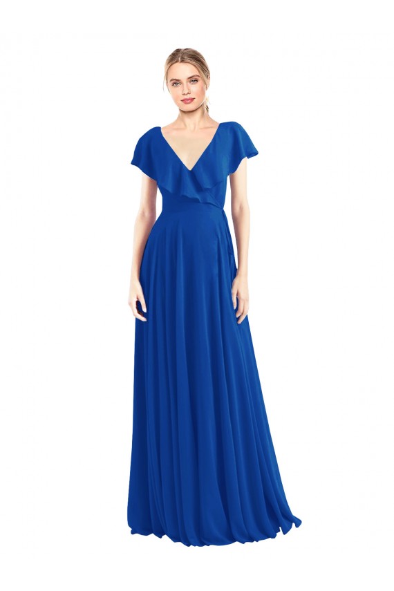 Buy V-Neck A-Line Flutter Sleeves Long Chiffon Wrap Style Bridesmaid Dress UK